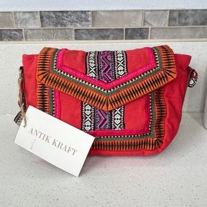 NEW Antik Kraft Burnt Orange Embroidered Crossbody‎ Bag with Leather Accents